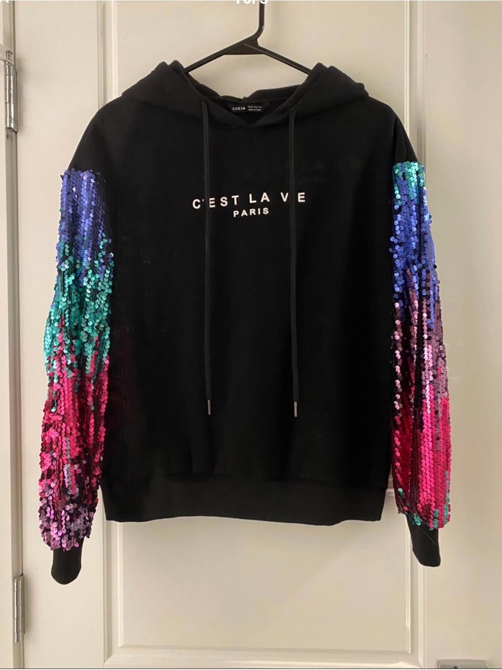 Black Hoodie Sweater with Multicolor Sequin Sleeves
